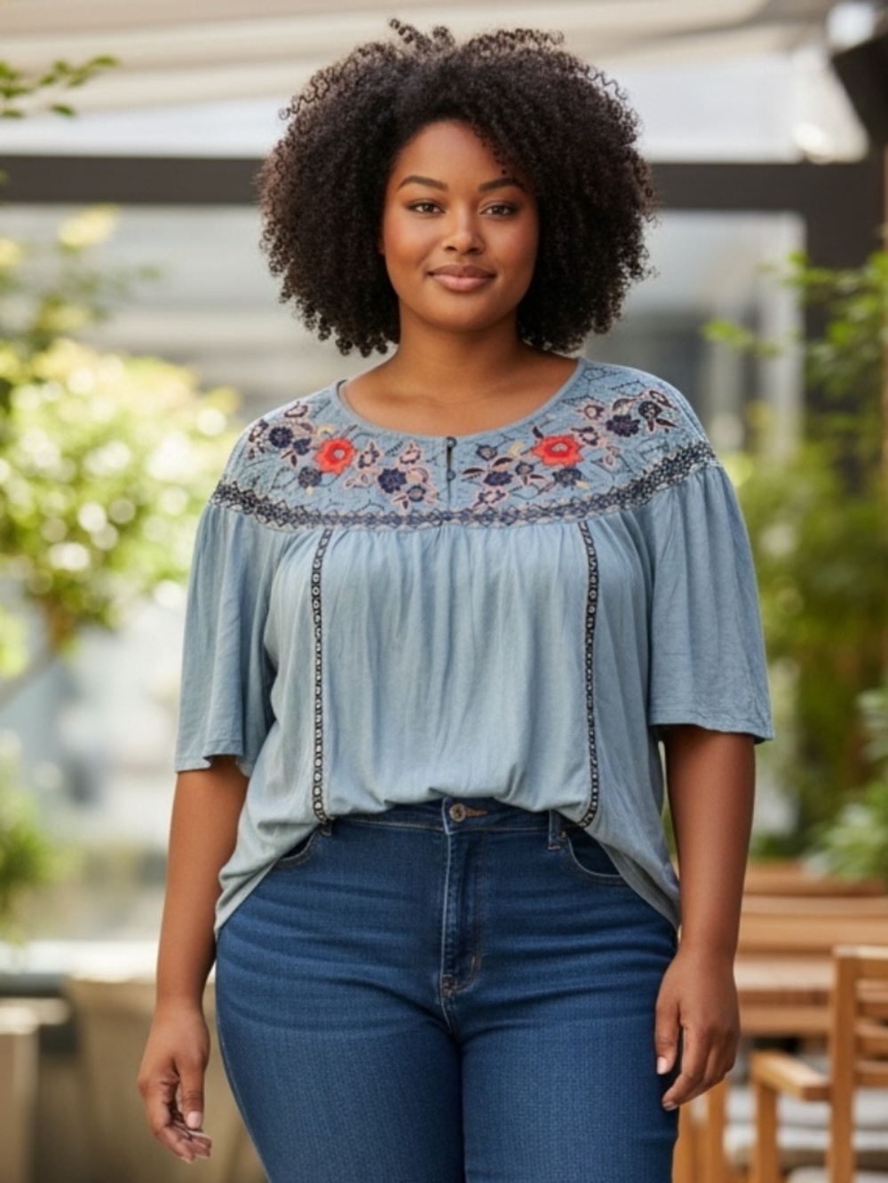 Sundance Dusty Blue Floral Embroidered Short Sleeve Boho Peasant Top Size XXL
